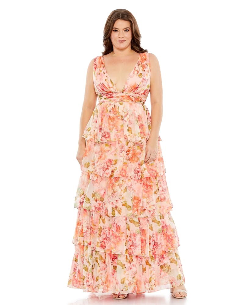 Front of a model wearing a size 12W Floral Print Tiered V-Neckline Gown in Pink Multi by Mac Duggal. | dia_product_style_image_id:289984